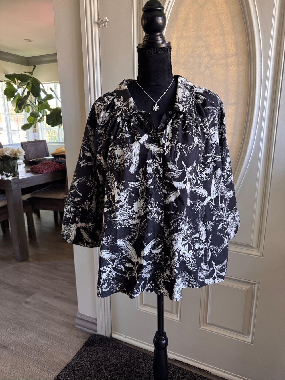 Black Floral Button-Front Blouse with Ruffle Neckline